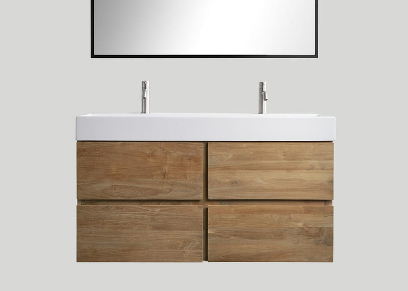 Mastello teak badmeubel Mallorca (4 lades) en keramiek enkele wastafel glans wit met kraangaten - 120 cm