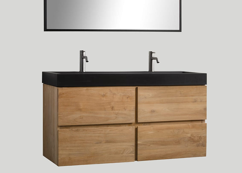 Mastello teak badmeubel Mallorca (4 lades) en quartz wastafel mat zwart met kraangaten - 120 cm