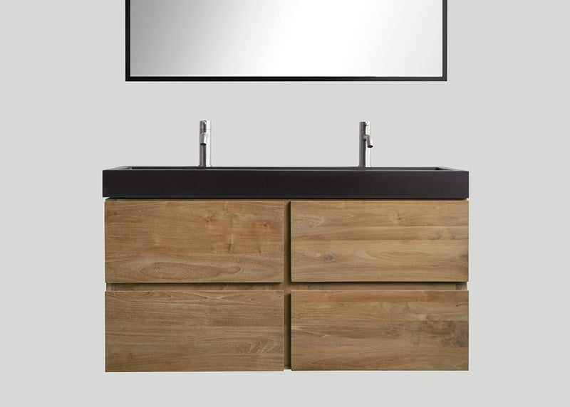 Mastello teak badmeubel Mallorca (4 lades) en quartz wastafel mat zwart met kraangaten - 120 cm