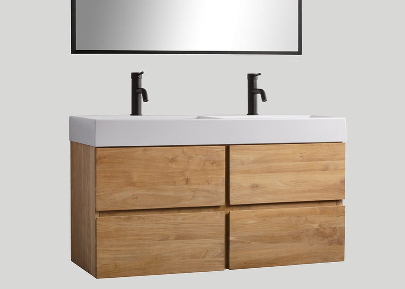 Mastello teak badmeubel Mallorca en keramiek wastafel glans wit zonder kraangaten - 140 cm