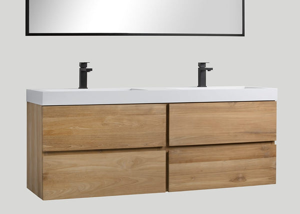 Mastello teak badmeubel Mallorca en solid surface wastafel Cascate mat wit met kraangaten - 140 cm