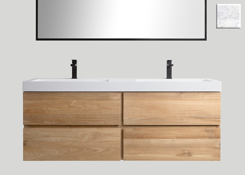 Mastello teak badmeubel Mallorca en solid surface wastafel Cascate mat marmer met kraangaten - 160 cm