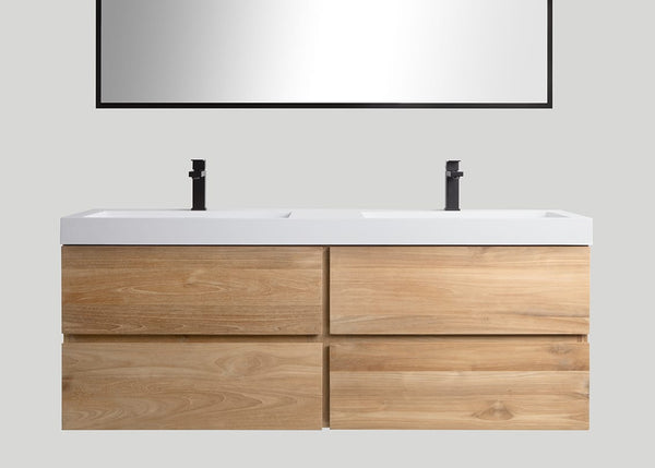 Mastello teak badmeubel Mallorca en solid surface wastafel Cascate mat wit met kraangaten - 140 cm