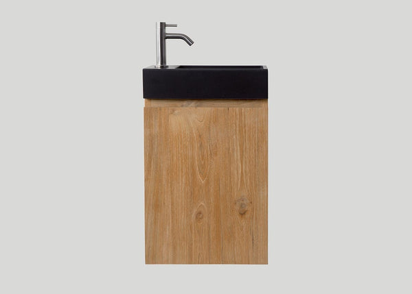 Mastello teak toiletmeubel Bali links en quartz toiletfontein mat zwart zonder kraangat - 36 cm
