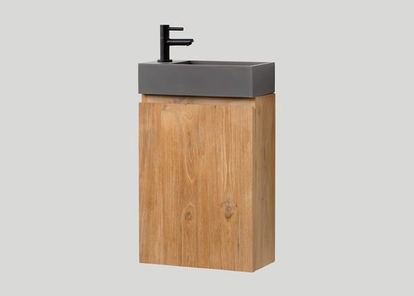 Mastello teak toiletmeubel Bali links en quartz toiletfontein mat beton grijs met kraangat - 36 cm
