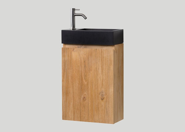 Mastello teak toiletmeubel Bali links en quartz toiletfontein mat zwart met kraangat - 36 cm