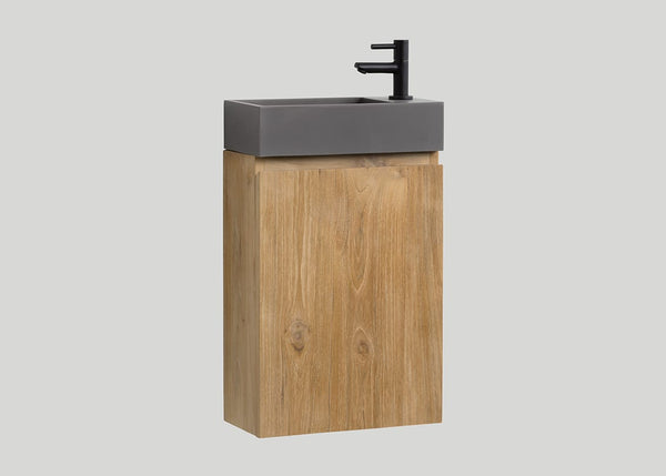 Mastello teak toiletmeubel Bali rechts en quartz toiletfontein mat beton grijs met kraangat - 36 cm