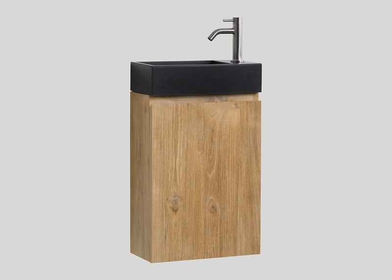 Mastello teak toiletmeubel Bali rechts en quartz toiletfontein mat zwart met kraangat - 36 cm