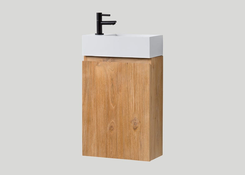 Mastello teak toiletmeubel links en mat wit toiletfontein 1