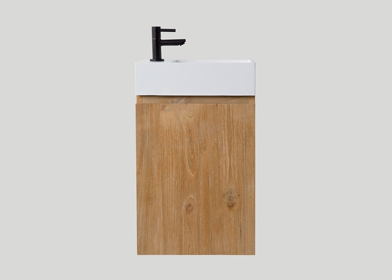 Mastello teak toiletmeubel Bali links en solid surface toiletfontein mat wit met kraangat - 40 cm