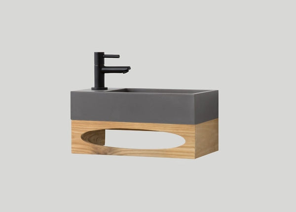 Mastello teak toiletmeubel Gili en quartz toiletfontein links mat beton grijs met kraangat - 36 cm