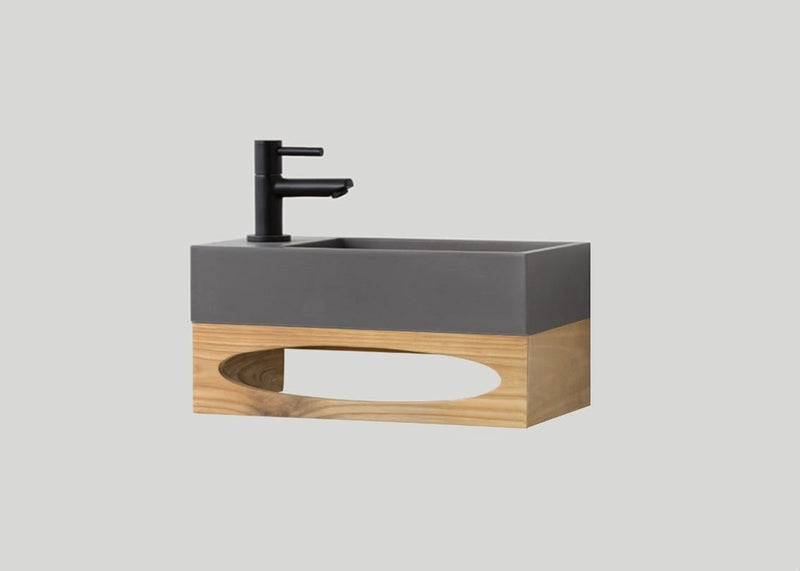 Mastello teak toiletmeubel Gili en quartz toiletfontein links mat beton grijs met kraangat - 36 cm