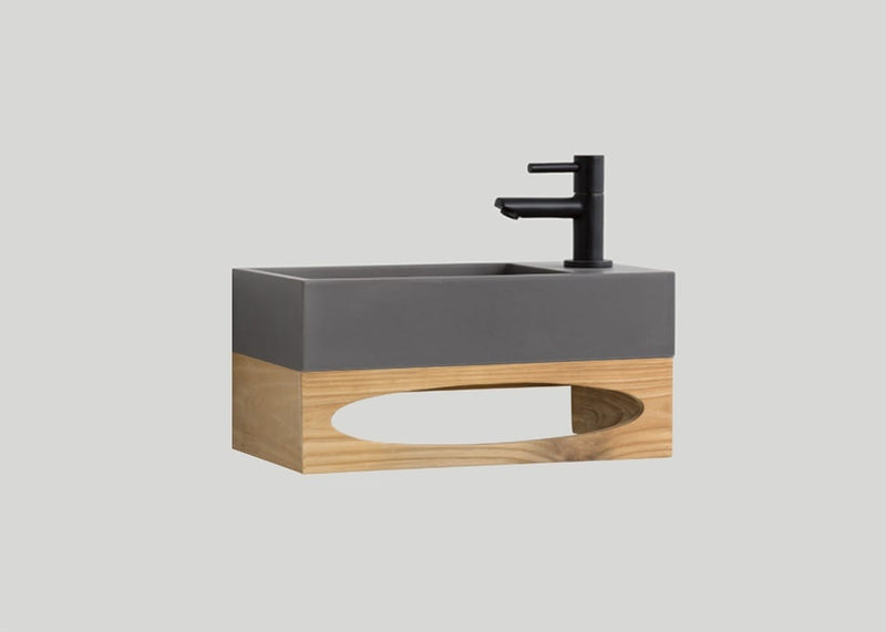 Mastello teak toiletmeubel Gili en quartz toiletfontein rechts mat beton grijs met kraangat - 36 cm