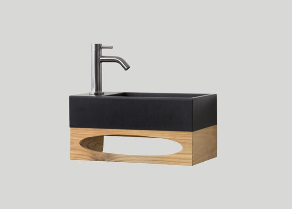 Mastello teak toiletmeubel Gili en quartz toiletfontein links mat zwart met kraangat - 36 cm