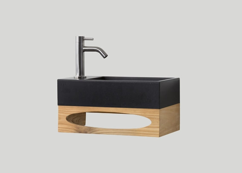 Mastello teak toiletmeubel Gili en quartz toiletfontein links mat zwart met kraangat - 36 cm