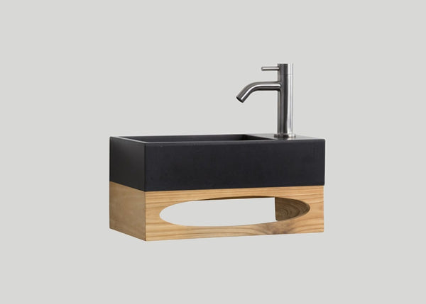 Mastello teak toiletmeubel Gili en quartz toiletfontein rechts mat zwart met kraangat - 36 cm