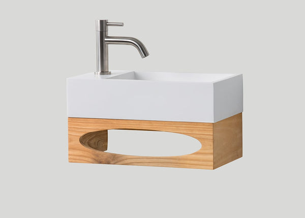 Mastello teak toiletmeubel Gili en polystone toiletfontein links glans wit met kraangat - 40 cm