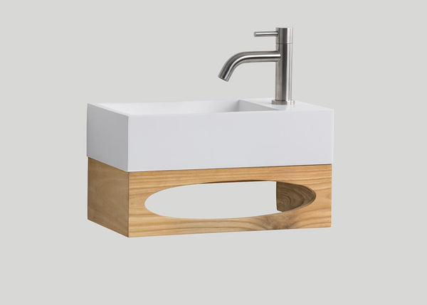 Mastello teak toiletmeubel Gili en polystone toiletfontein rechts glans wit met kraangat - 40 cm