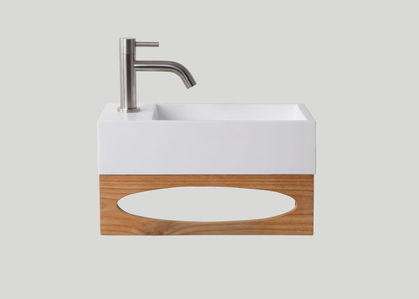 Mastello teak toiletmeubel Gili en polystone toiletfontein links glans wit met kraangat - 40 cm