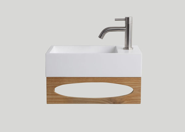 Mastello teak toiletmeubel Gili en polystone toiletfontein rechts glans wit zonder kraangat - 40 cm